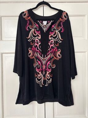 Chico’s Travelers Size 4 Black V-Neck Tunic Scroll Blouse Chicos Plus Size XXL